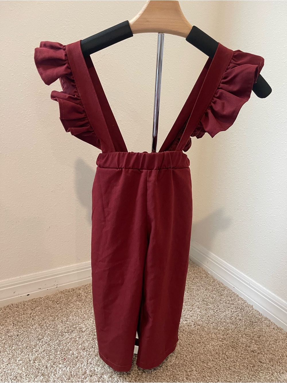 Ruffled Strap Wide-Leg Kids Jumpsuit in Burgundy